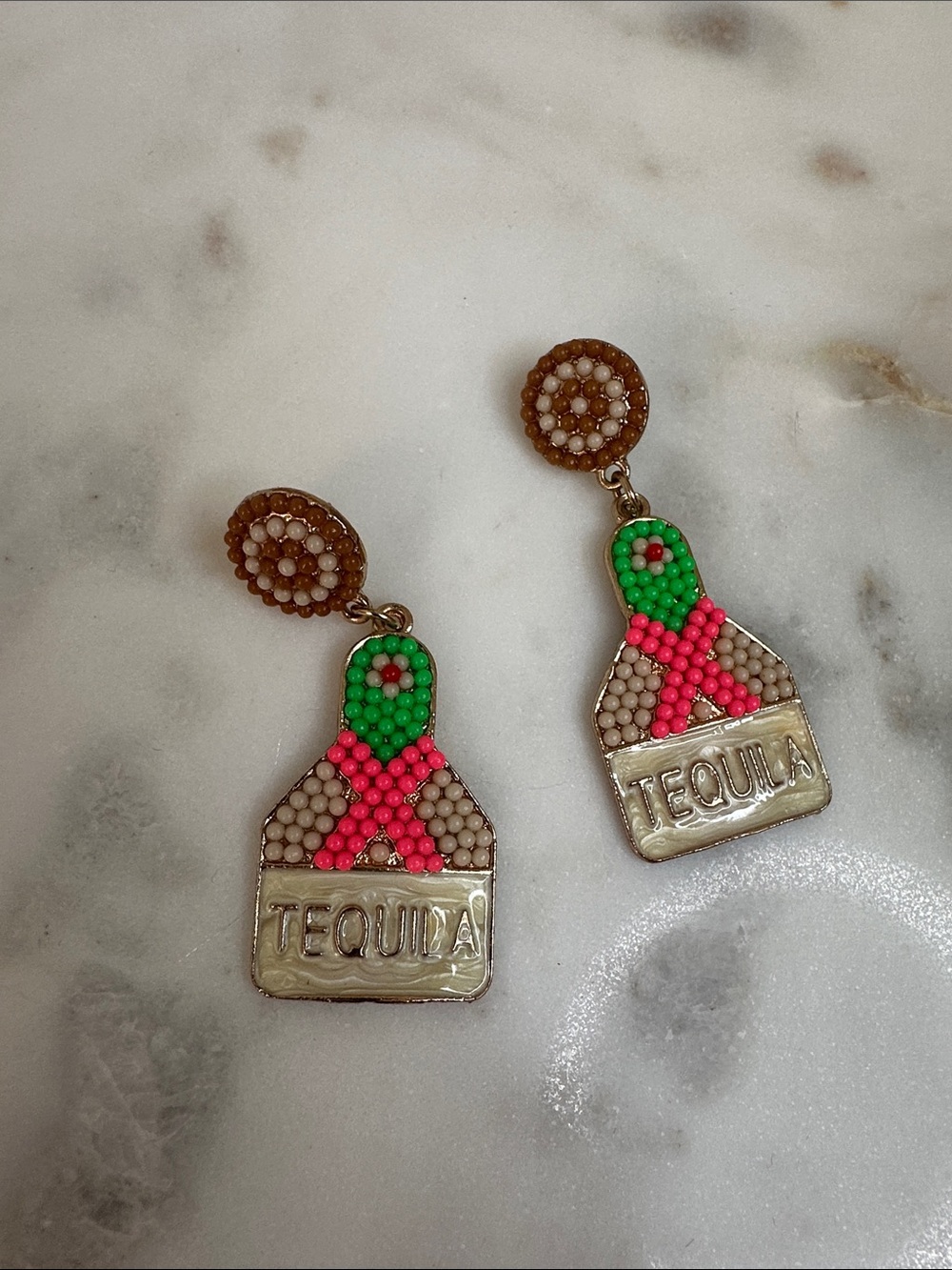 Tequila Bottle Beaded Drop Earrings in Pink & Green